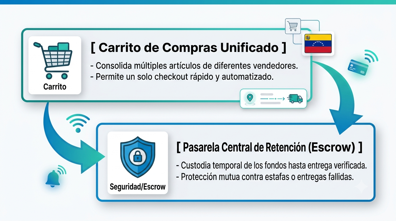 Diagrama de flujo de estilo fintech corporativo en tonos azul y verde azulado que explica el funcionamiento de un flujo de pago integrado. En el nivel superior se encuentra el 'Carrito de Compras Unificado' que consolida m&uacute;ltiples art&iacute;culos. Este conecta a un nivel intermedio representado por una 'Pasarela Central de Retenci&oacute;n (Escrow)' para la custodia temporal de fondos como garant&iacute;a de entrega. Finalmente, el dinero se distribuye de manera autom&aacute;tica y paralela en el nivel inferior a los respectivos 'Vendedores A y B' una vez que el comprador confirma la recepci&oacute;n de los productos.